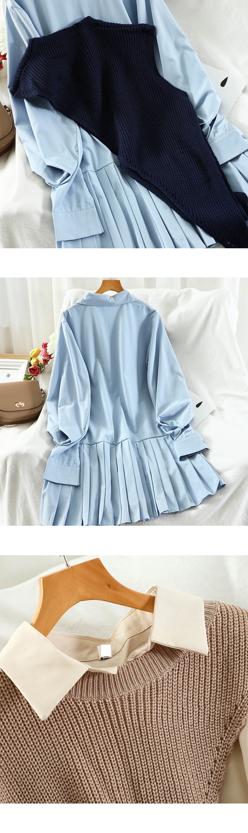 Sixsr New Sweet Suit Women Japan Single Breasted Turn-Down Collar Pleated Dress +Irregular Drawstring Knitted Vest Two Piece Set PL548