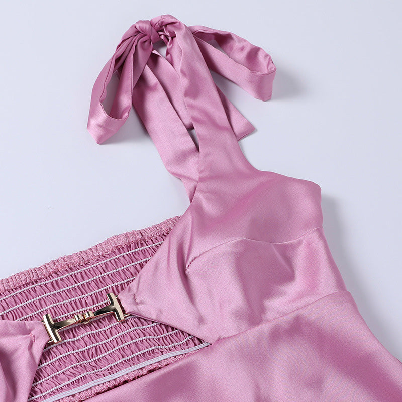 sixsr Women Clothing Sexy Temperament Commuter Solid Color Bandage One-neck Dress  Spring and Summer New French Satin Mini Skirt