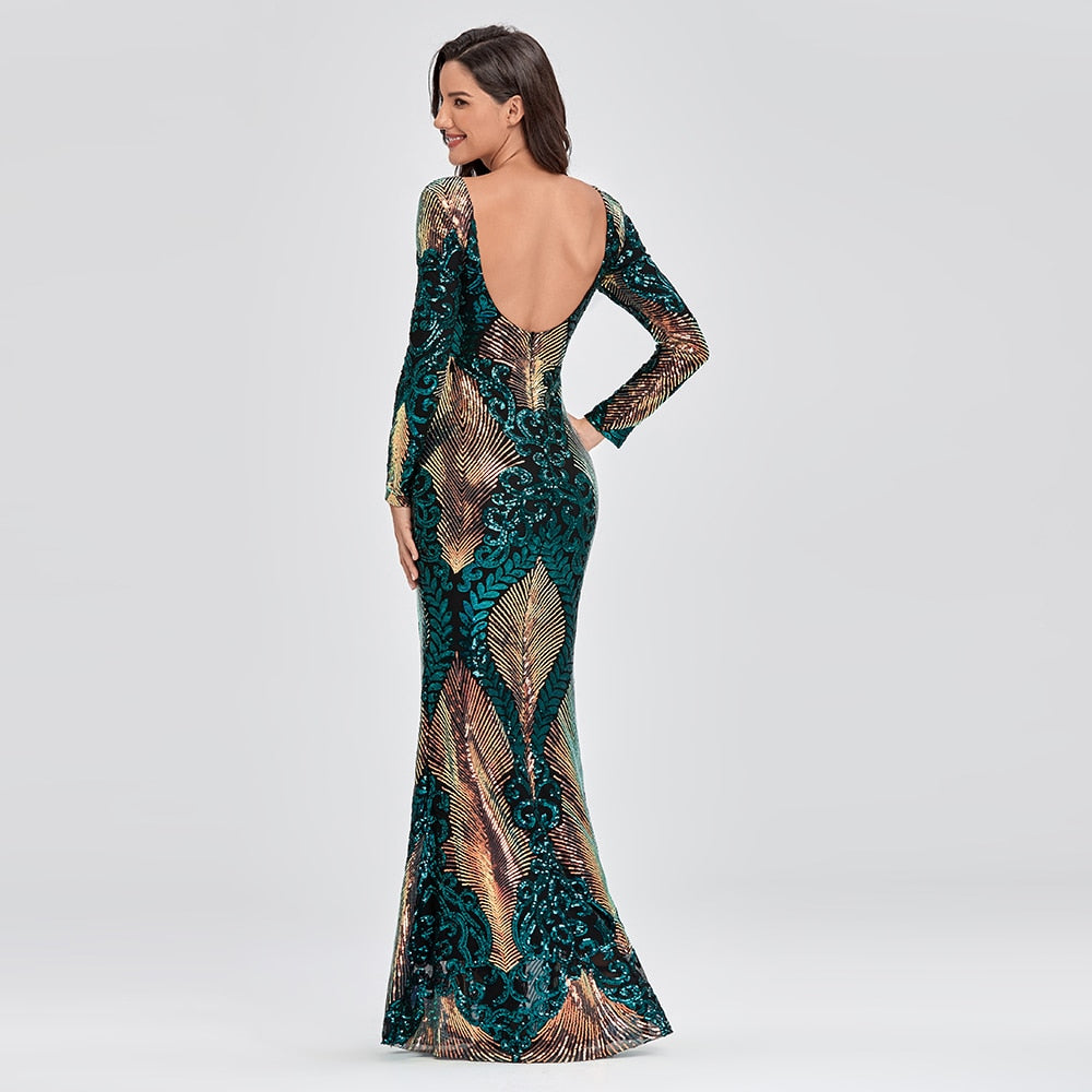 sixsr Hot Sale O-neck Long-Sleeve Shinning Sequins Evening Dresses Sexy Backless Mermaid Party Gowns Maxi Elegant Multi Female Robes vestidos