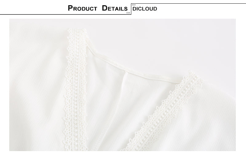 sixsr Summer Dresses For Women Sexy Plunge V Neck Women's Summer Dress White Lace Long Sleeve Mini Wedding Party Dress Ruffle Elegant Clothes