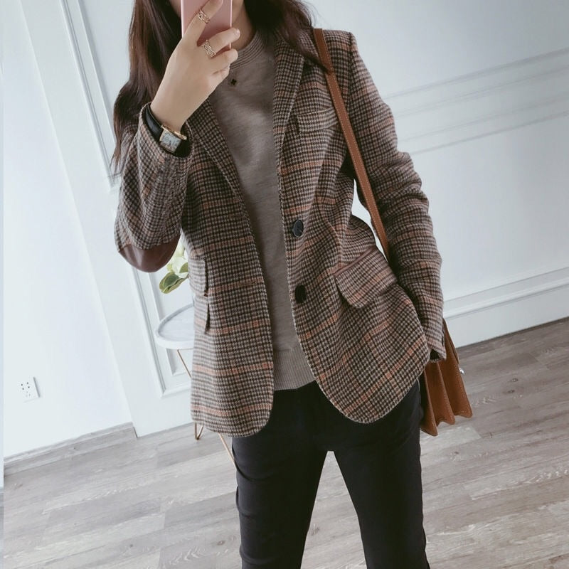 Sixsr New Fashion Business Interview Plaid Suits Women Work Office Ladies Long Sleeve Vintage Blazer