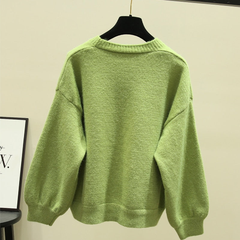 Sixsr Oversized Cardigan Women Spring Casual Solid V Neck Long Sleeve Cardigan Sweater Female Knit Jacket Coat Green Pink