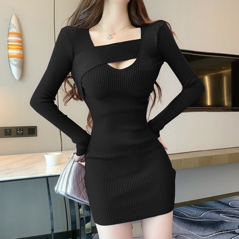 Sixsr Womens Fashion Spring Autumn Long Sleeve Dress Sexy Club Knitting Dresses Solid Sweet Slim Dresses for Women Fashion Bastic Dress