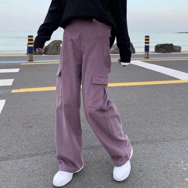 sixsr Summer Outfits Trends Women's Cargo Pants Corduroy Wide Leg Pocket Jogger Trousers Autumn Winter Casual Loose Streetwear Harajuku Harem Pant Females