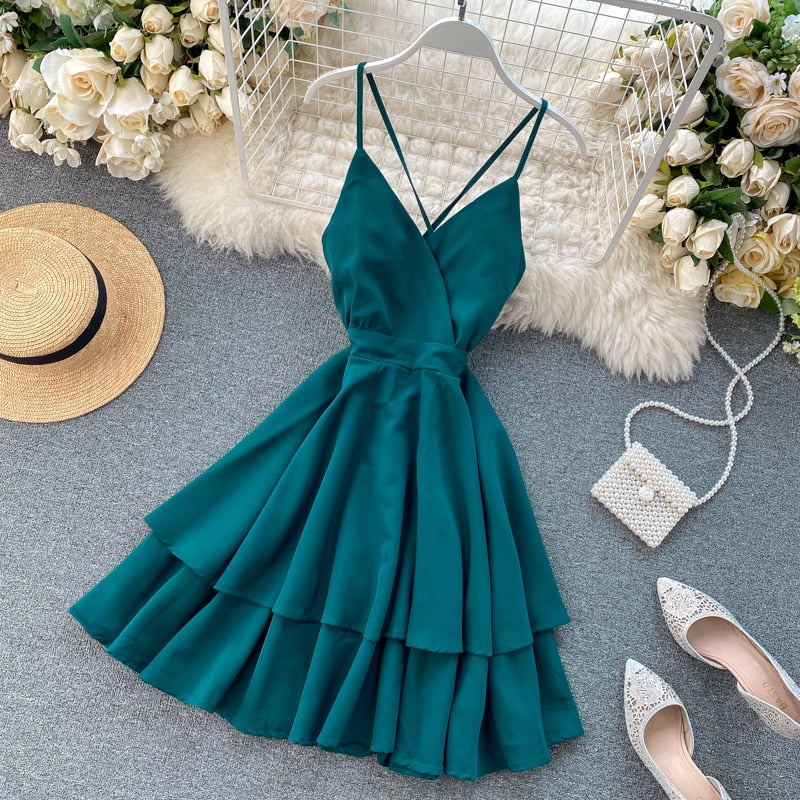 Sixsr Summer Spring Beach Holiday V-Neck Backless Lace Up Ruffles Cakes Solid Elegant Women Lady A-line High Waist Dress