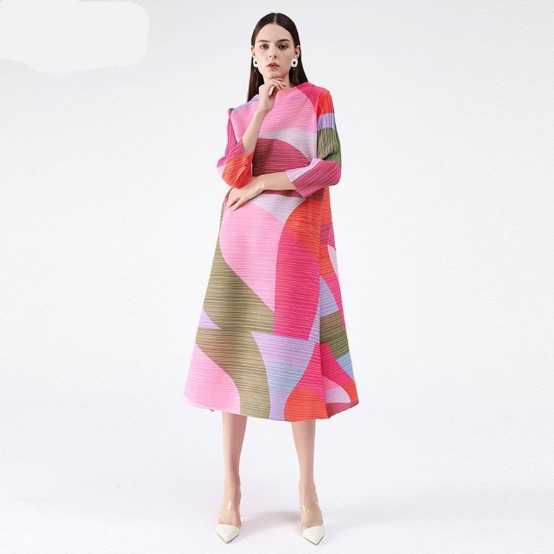 sixsr Pleated Dress Women Hit Color Geometric With Belt Sashes Over Size Long Sweet Casual New Spring Fashion Tide