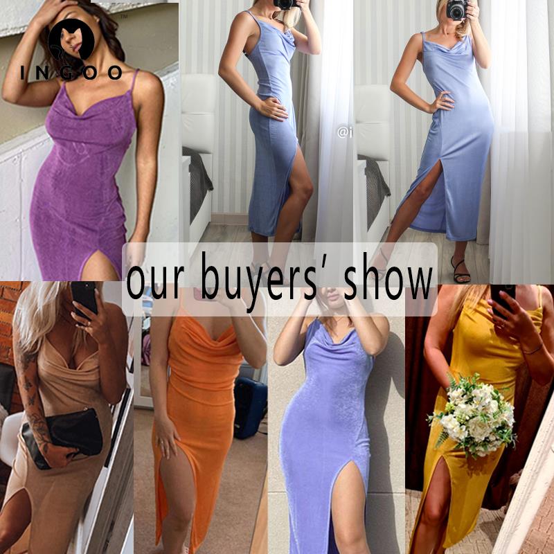 sixsr Spaghetti Strap Bodycon Dress Women Sexy Party Sleeveless Backless Solid Side Split Long Robe Elegant Commute Maxi Dresses