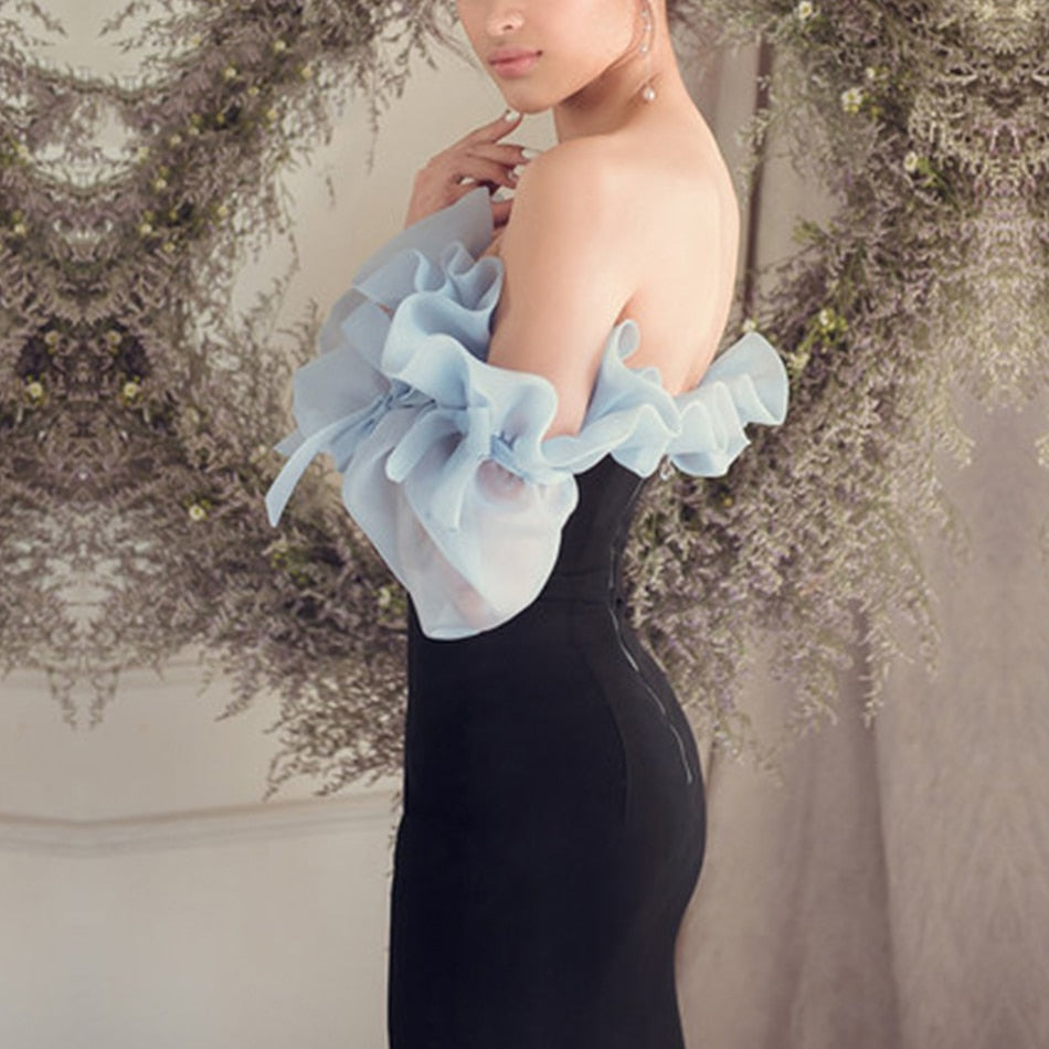 sixsr New Winter Women Long Sleeve V Neck Club Dress Sexy Ruffles Off Shoulder Lace Patchwork Celebrity Runway Party Dress