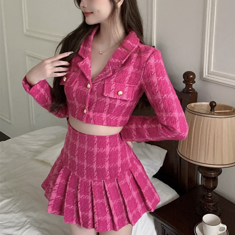 Sixsr High Quality Fall Small Fragrance Vintage Tweed Two Piece Set Women Crop Top Woolen Short Jacket Coat + Mini Skirts Sets Sweet 2 Piece Suits