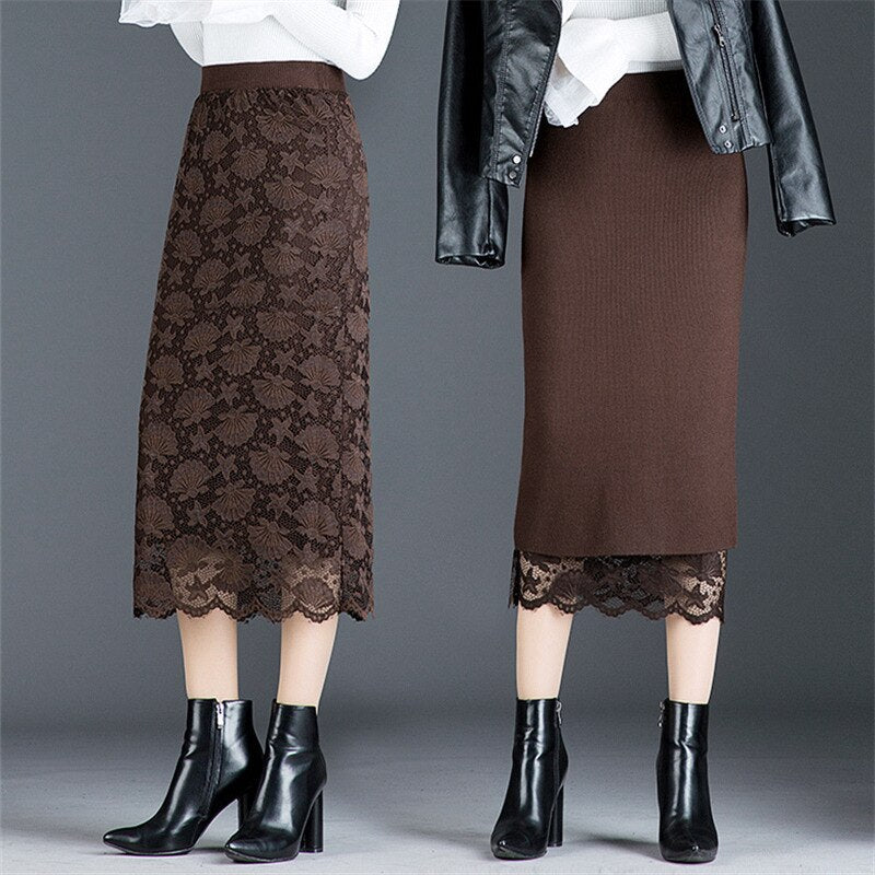 Sixsr Autumn and winter skirt long section jupe femme two sides wearing lace midi skirt split bag hip skirt wool winter skirt