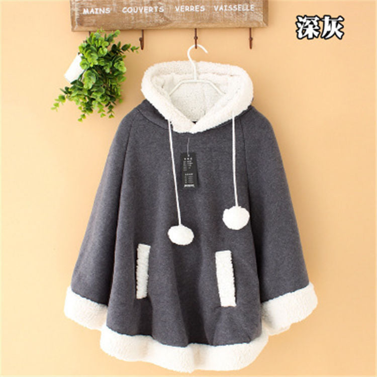 Sixsr Lolita Cloak Harajuku Hoody Cloak Japanese Angry Cat Christmas Deer Fleece Cape Loose Pullover Batwing Sleeve Hoodie Coat
