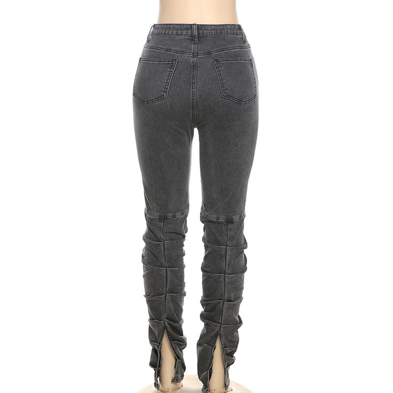 sixsr Grey Split Denim Stacked Pants Zip Up Baddie Style Streetwear Pencil Jeans For Women High Waist Bodycon Ruched Trousers