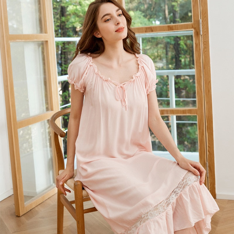Sixsr Fashion Trends Summer Women Nightgowns White Cotton Short Sleeve Nightdress Vintage Long Sleepwear Lace Sexy Nightwear Home Night Dress