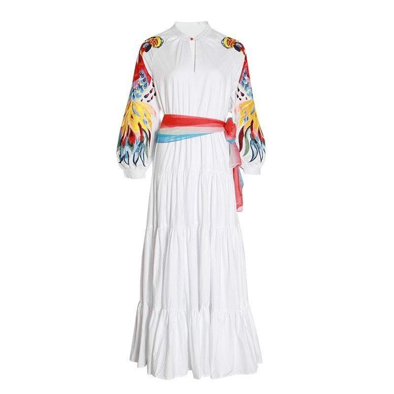 sixsr High Quality Luxury Design Runway Female Elegant Embroidery Women Dress Lantern Sleeve High Waist Maxi Long Dresses