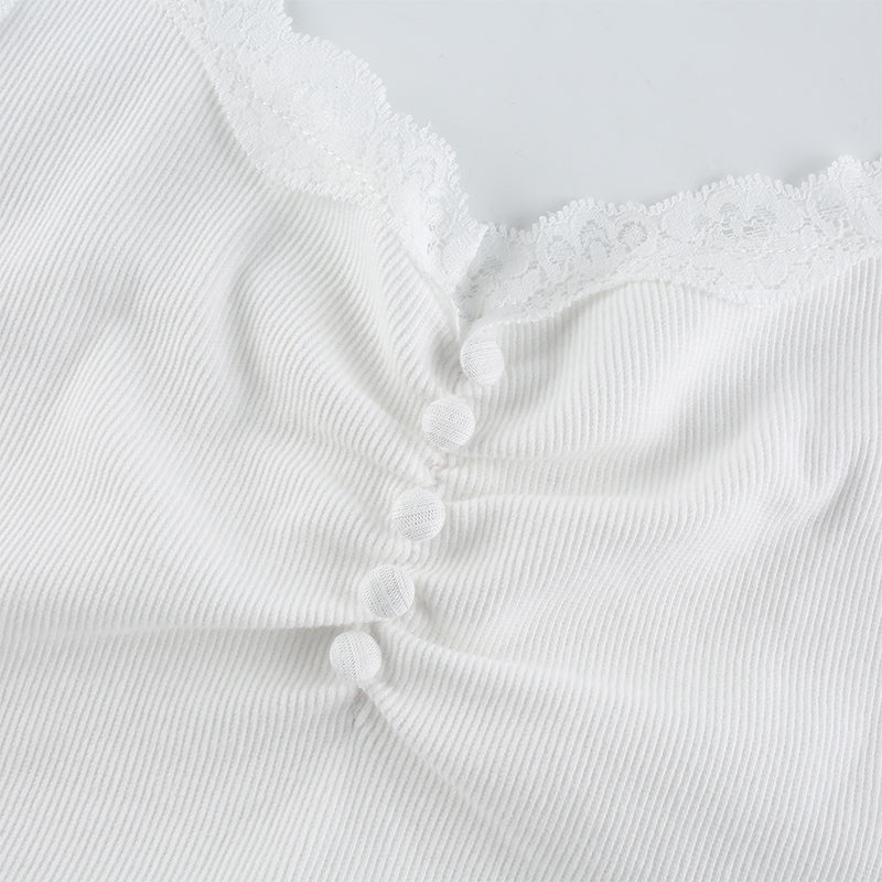 sixsr Womens Fashion Streetwear Lace Patchwork Summer White Tank Top Women Home Y2K Fashion Leisure Outfit Basic Casual Crop Tops Kawaii Clothes