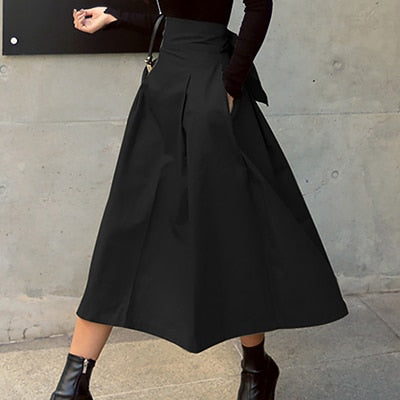Sixsr Spring Outfits Trends Skirts Womens Korean Fashion Solid Color Big Swing Ladies Skirt Long Skirt Autumn Wild High Waist Bow Slim Skirts
