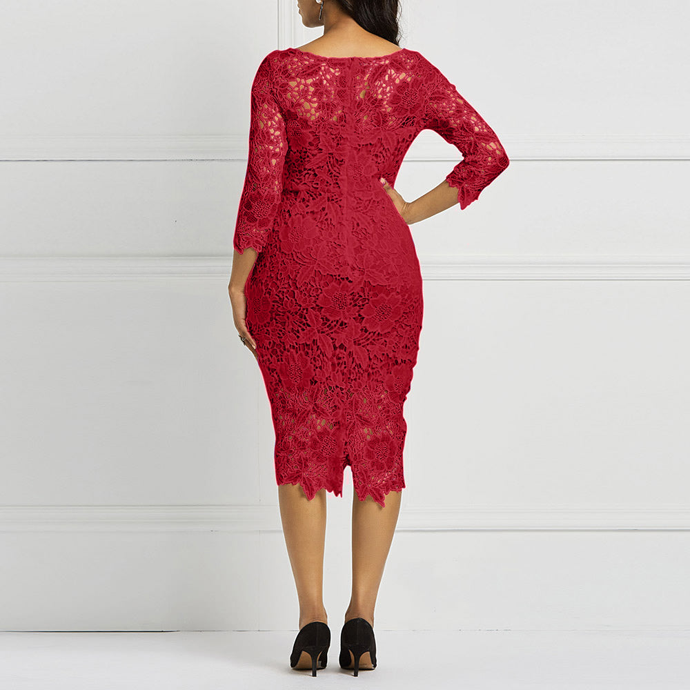 Sixsr Women Midi Dress Hot Sale Elegant Sexy OL Bodycon Floral Hollow Lace Female Fashion Evening Party Chic Sheath Ladies Dresses