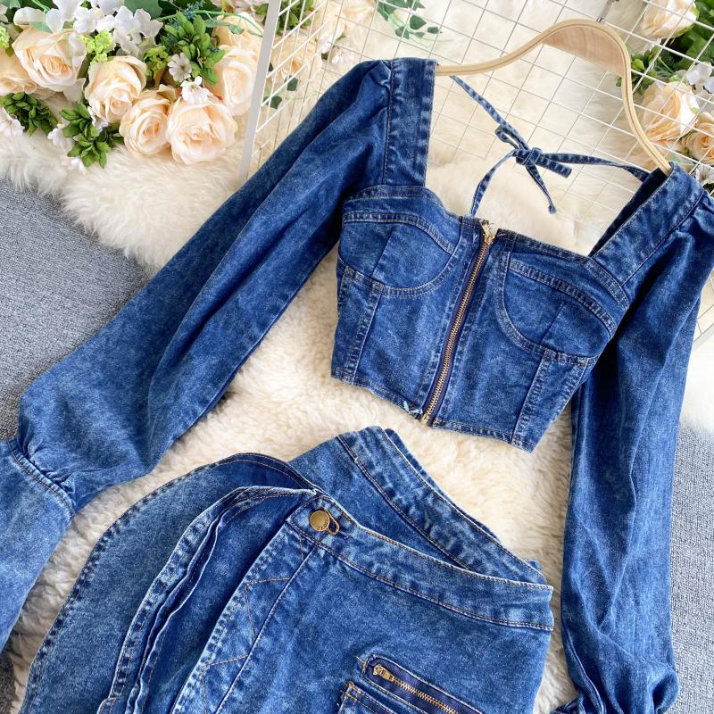 Sixsr Trends high quality Spring Autumn Two Piece Set Women Sexy Jeans 2 Two Piece Set Long Sleeve Crop Tops And Bodycon Short Denim Skirt Suits for Woman
