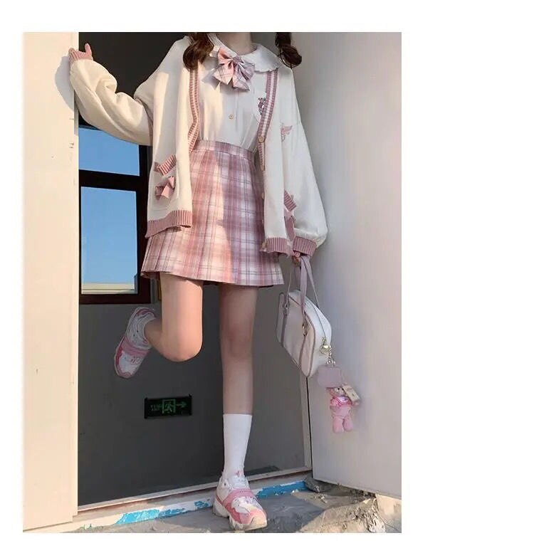 Sixsr  Spring Japanese Kawaii Fashion Pink Cardigan Women Harajuku Knitted Sweater Cute Bow Heart Korean College Style JK Uniform Coat