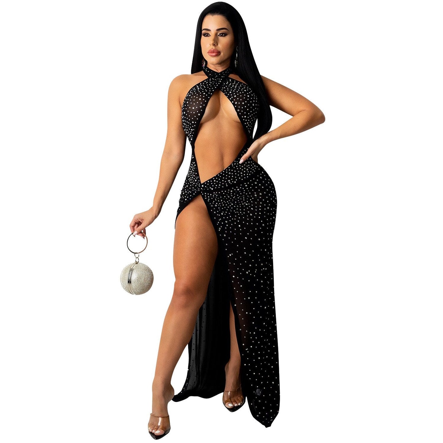 Sixsr Sheer Mesh Diamonds Sequined Pearls High Split Long Dress For Women Straps Bodycon Long Vestidos Night Party Rhinestone Outfits