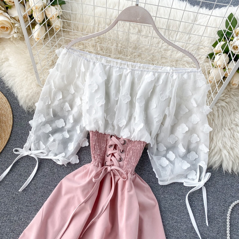 Sixsr  Spring Outfits Sexy Off Shoulder patchwork Summer Short Dress Party flower chiffon Slim waist lace up Women casual A-Line beach dress
