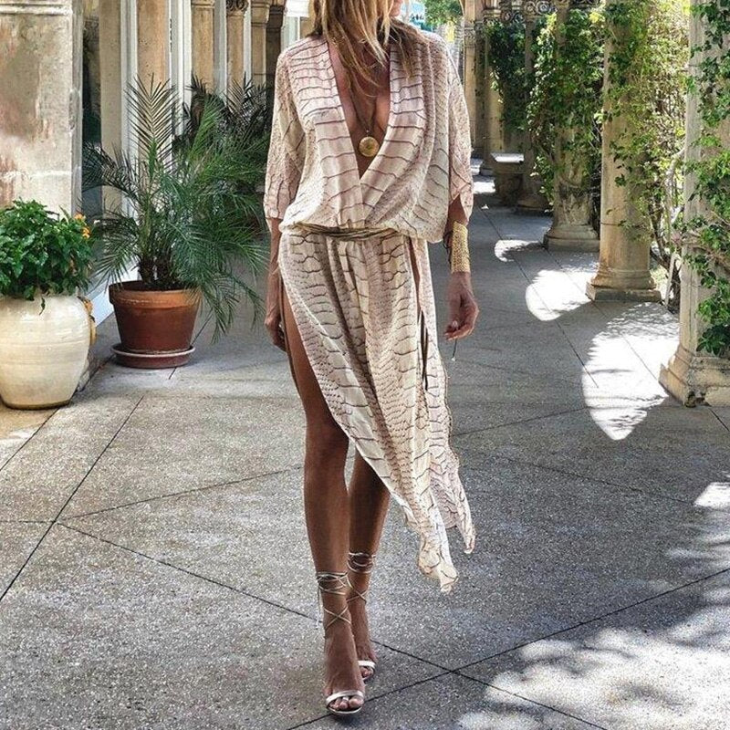 sixsr Hot Sale Newest Fashion Beach Women Veil Tops Loose Casual Striped Print Short Sleeve Clothing Female Long Blouse Summer Streetwear