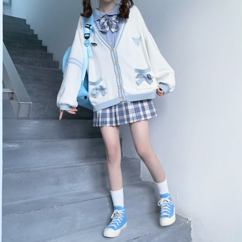 Sixsr  Spring Japanese Kawaii Fashion Pink Cardigan Women Harajuku Knitted Sweater Cute Bow Heart Korean College Style JK Uniform Coat