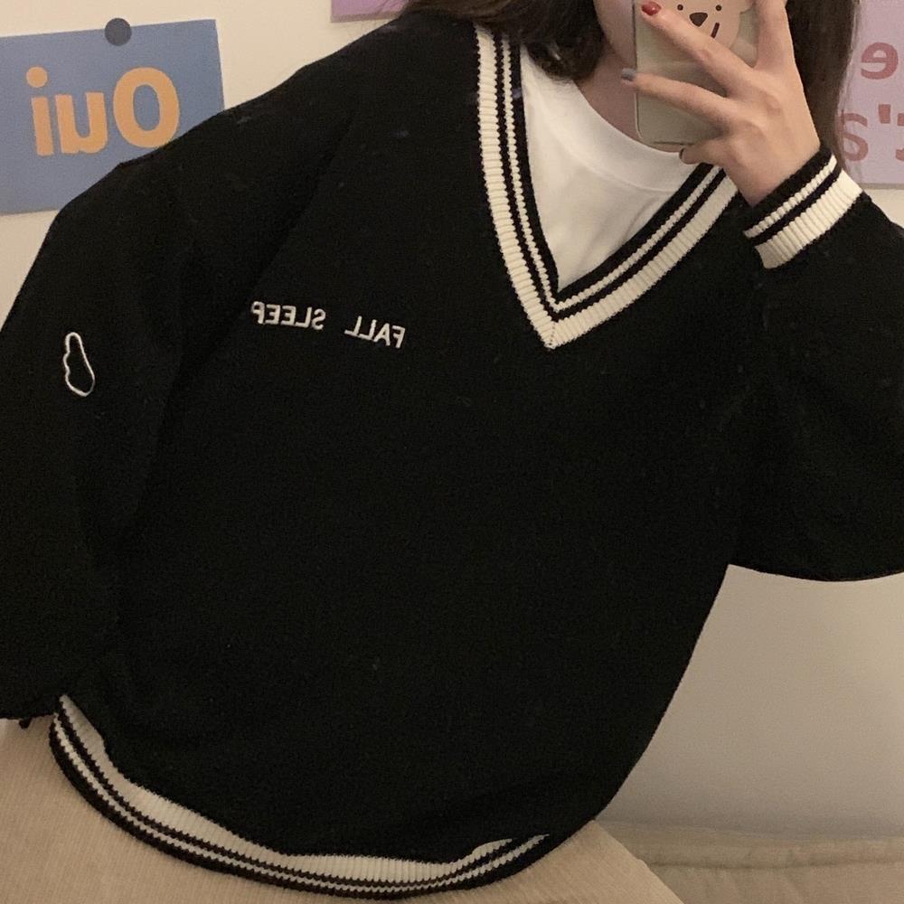 Sixsr  Fashion Trends Sweaters Women Ulzzang Letter Chic Vintage V-neck Daily Oversize Preppy Girls Knitwear Fall Casual All-match Ins Womens Sweater