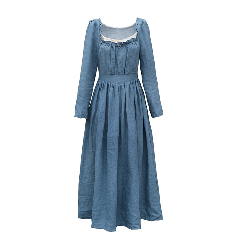 sixsr Spring Autumn Women 100%Linen Coffee Long Dress Ladies Victoria Royal Vintage Elegant Long Sleeve High Waist Dress robe longue