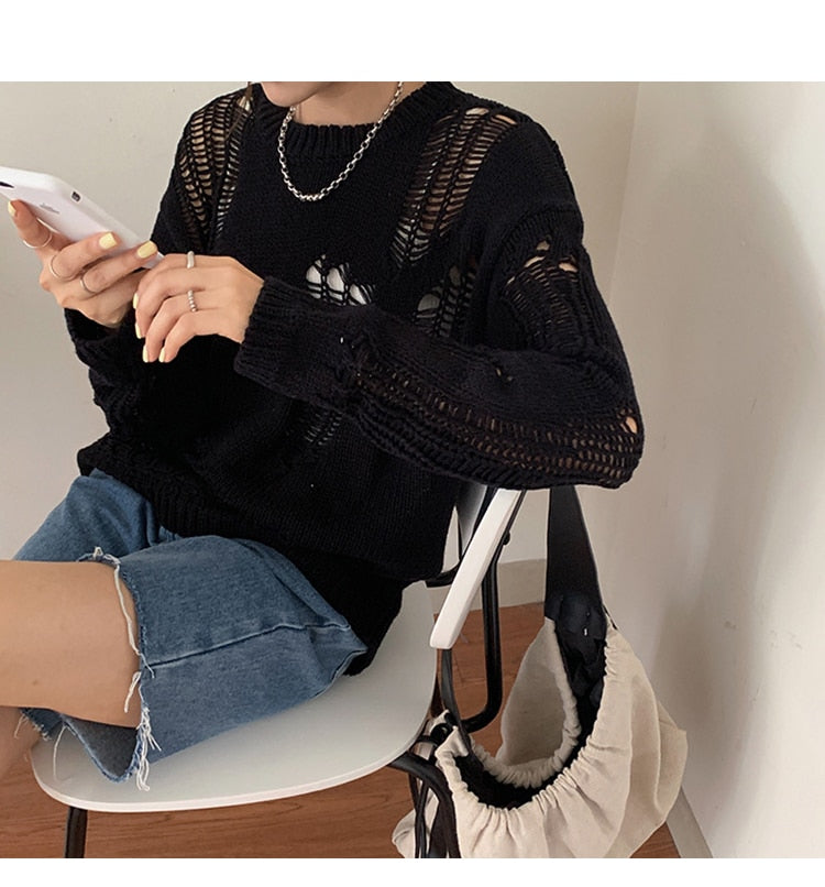 Sixsr Autumn New Korean Style Long-sleeved Sexy Hole Sweater Asymmetric Hem Loose Pullover Hollow Out Thin Knit Sweater Jumper Tops