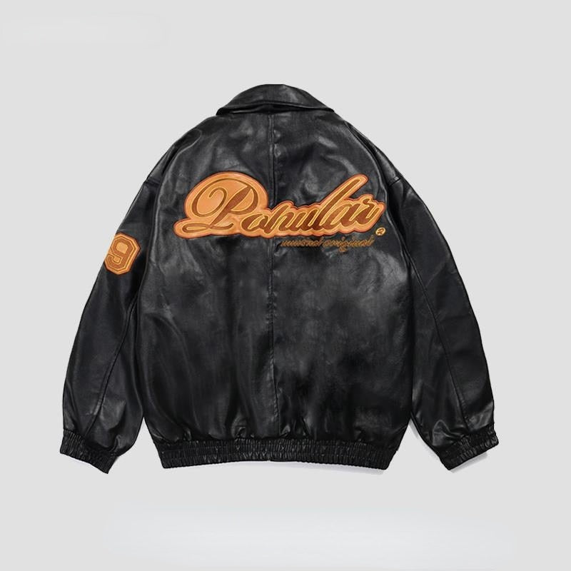 Sixsr American Y2K vintage streetwear letter embroidery lapel PU leather jacket women street pilot loose jackets for women winter