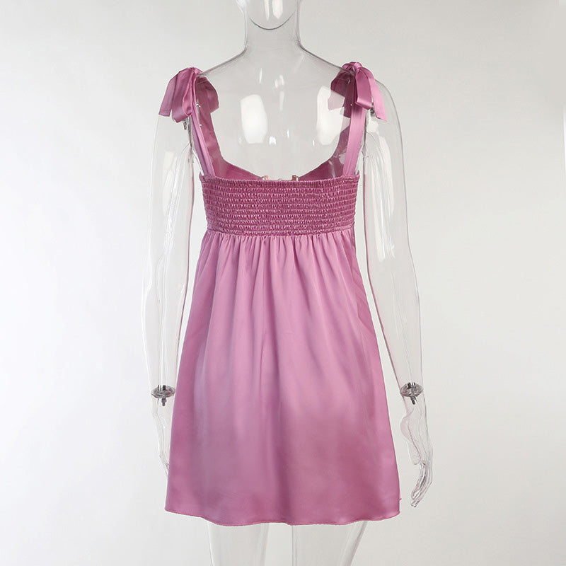 sixsr Women Clothing Sexy Temperament Commuter Solid Color Bandage One-neck Dress  Spring and Summer New French Satin Mini Skirt