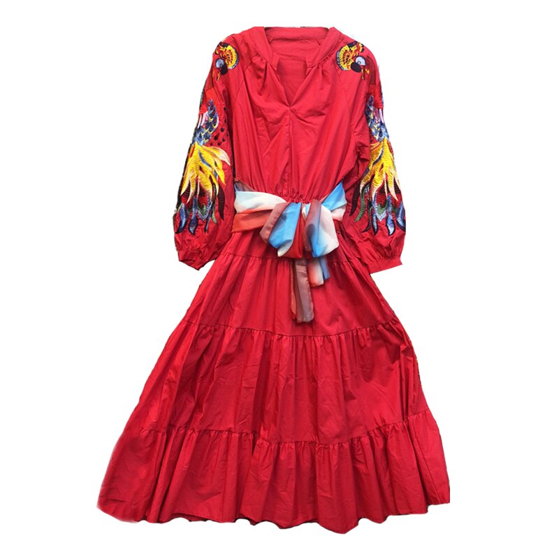 sixsr High Quality Luxury Design Runway Female Elegant Embroidery Women Dress Lantern Sleeve High Waist Maxi Long Dresses