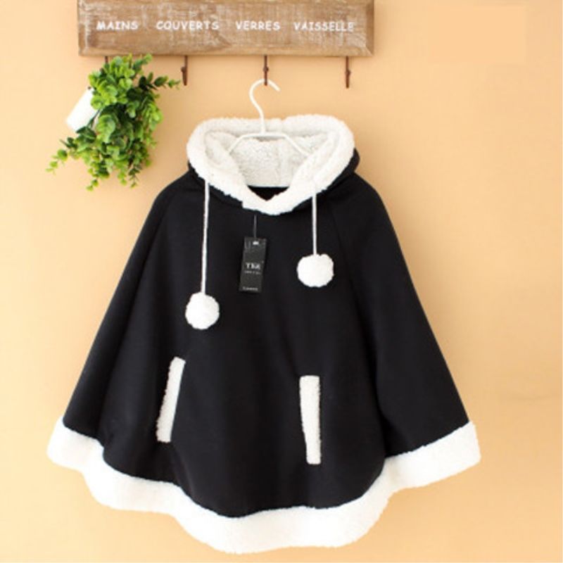 Sixsr Lolita Cloak Harajuku Hoody Cloak Japanese Angry Cat Christmas Deer Fleece Cape Loose Pullover Batwing Sleeve Hoodie Coat