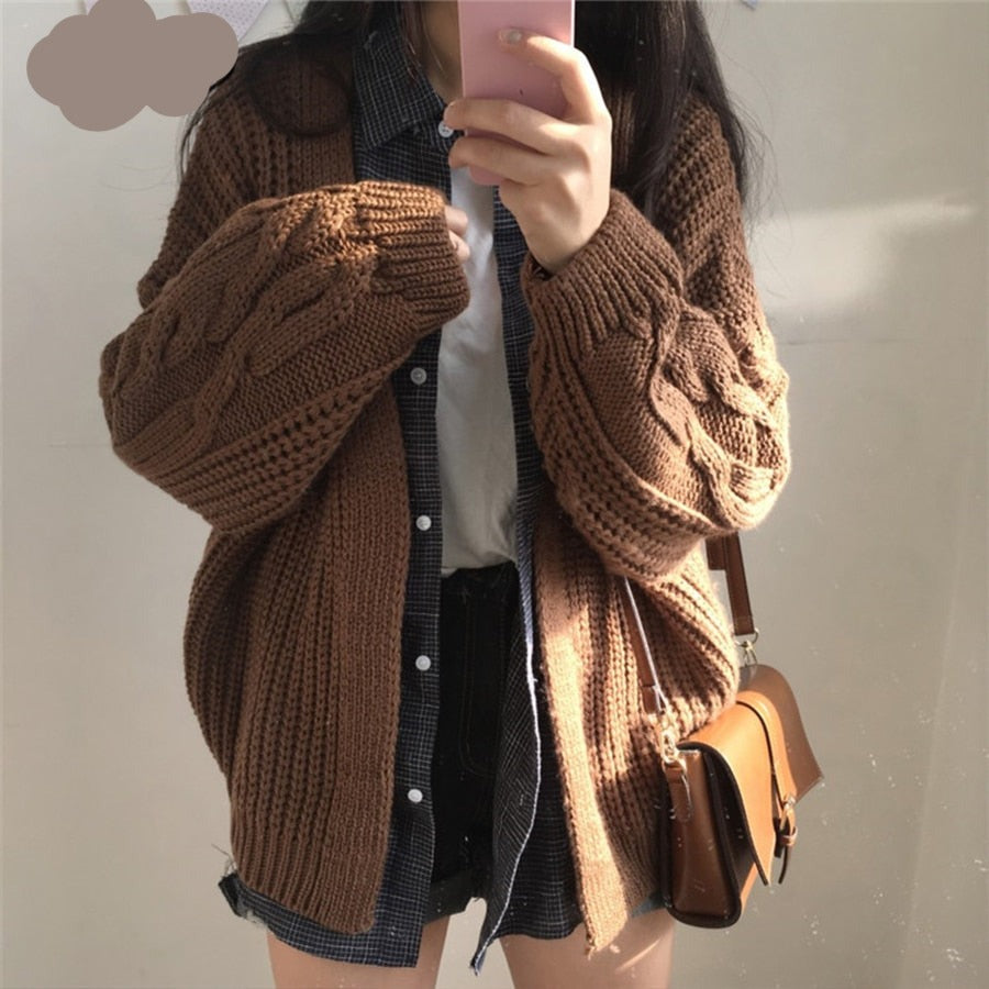 Sixsr New Autumn Knit Sweater Women Fashion Harajuku Loose Warm Cardigan Women College Casual Long Sleeve Winter Coat