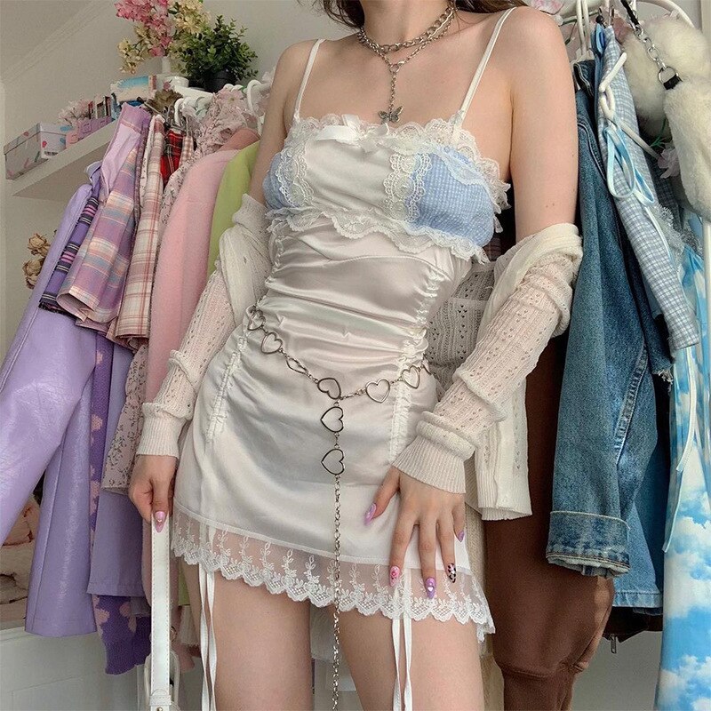 Sixsr Gifts for women fashion outfits Sexy Lace Hot Nightdress High Waist Lace Mesh Drawstring Mini Tank Summer Dress Dresses Women Korean Kawaii
