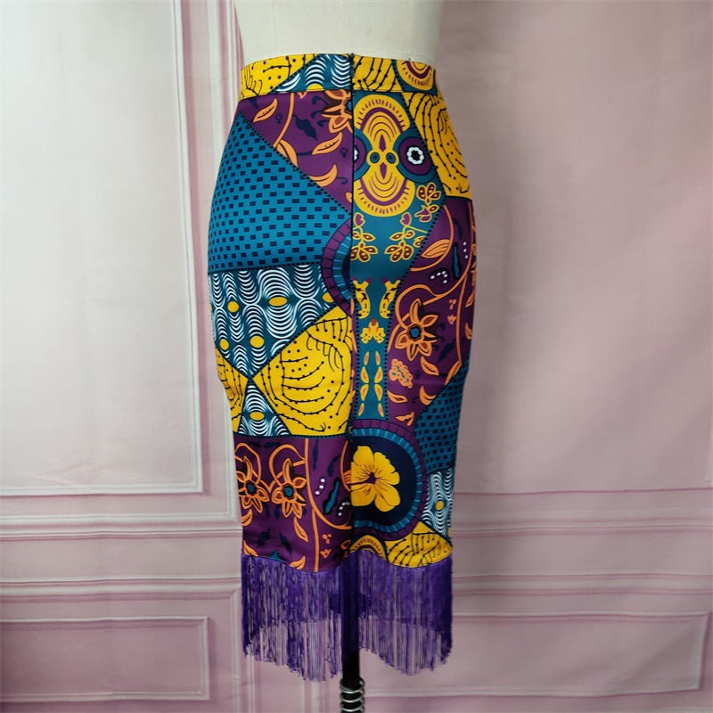 sixsr Outfits Fashion Trends Women Summer Print Skirt Vintage Floral African Fashion High Waist Tassel Classy Modest Elegant Retro Jupes Falads