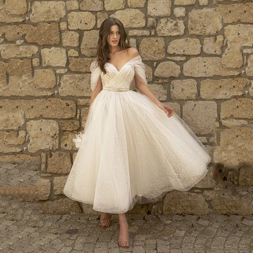 sixsr womens fashion Bling Glittter Boho Wedding Dresses For Women Sweetheaart Tulle Point Net Tulle Beach Short Bridal Gown Cheap Civil