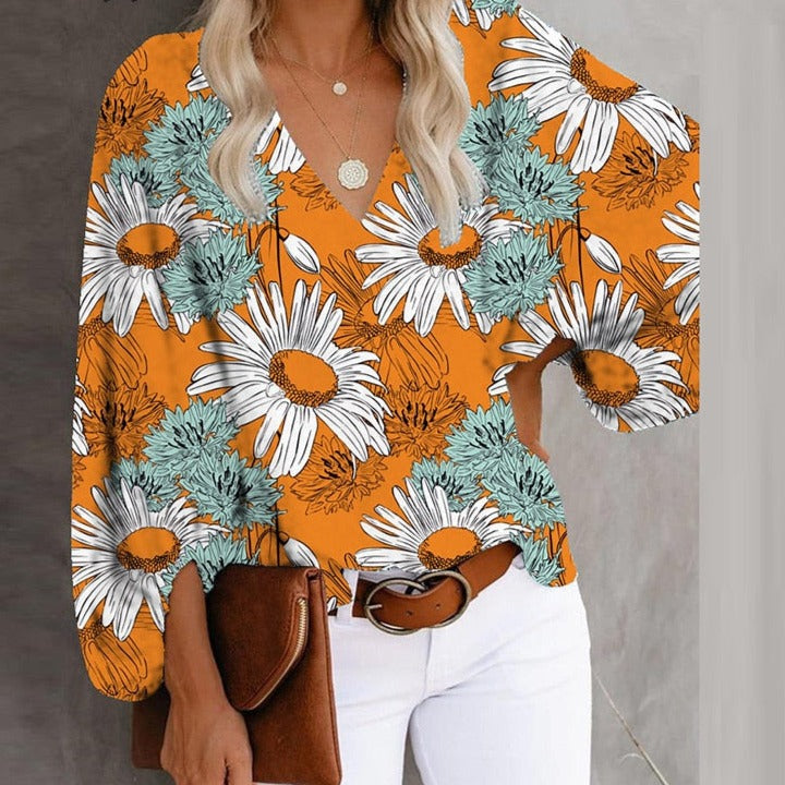 sixsr Summer Outfits Female Streetwear Oversized XXXL Tops Blusa Summer V Neck Long Lantern Sleeve Blouse Casual Women Printing Loose Elegant Shirts