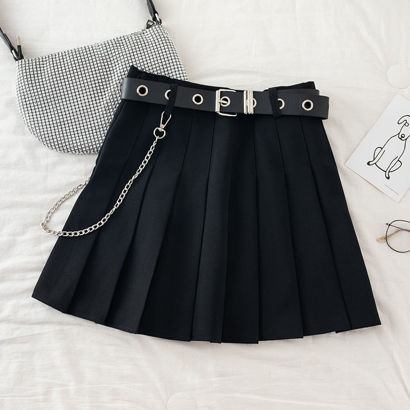 Sixsr Black Pleated Skirt With Chain-Belt Punk Rock Girl Cheerleading Belted Mini Skirt Alt Women e-girl Outfit