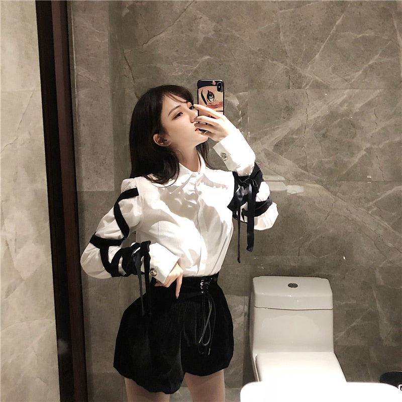 Sixsr Womens Fashion Casual Office Lady Female Blous Long Sleeve Shirt Women Stitching Black Ribbons Spring Top Blouse 16W057