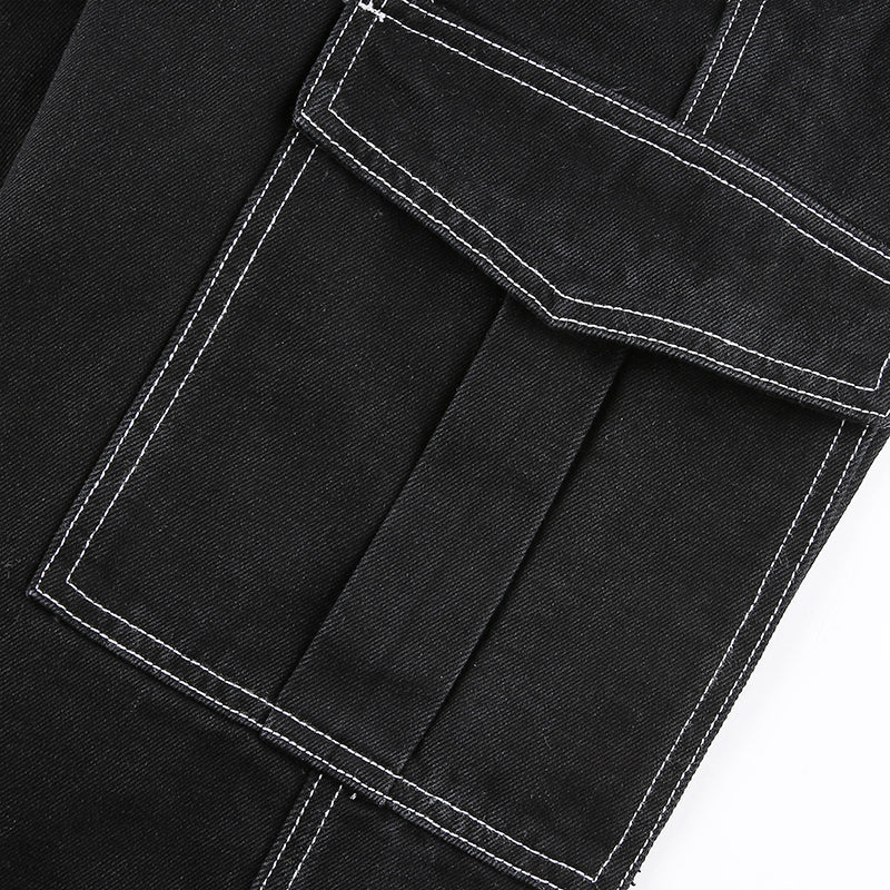 Sixsr Womens Fashion Trends Pockets Patchwork Baggy Jeans Fashion Streetwear 100% Cotton Women Denim Trouser Loose Cargo Pants Korean Jeans Harajuku
