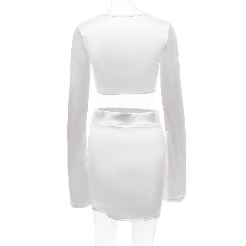 Sixsr Satin Flare Long Sleeve 2 Two Piece Matching Set Women Crop Top Skirt Autumn Winter Birthday Fashion Sexy Clothes