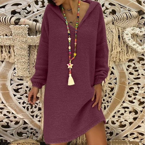 Sixsr Sweater Dress Women Hooded Collar Long Sleeve V-neck Pure Color Knitted Pullover Spring Autumn Oversize Sweaters Pullovers