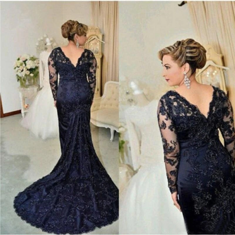 sixsr On Sale Charming Dark Navy Lace Mermaid Long Sleeve Mother of the Bride Dresses V Neck Wedding Party Gowns Back Out