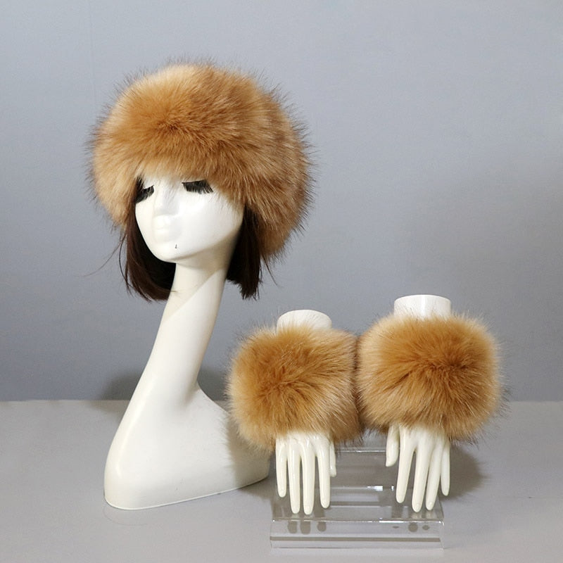 Sixsr New Autumn Winter Caps Female Hats Cuffs Set Fashion Warmth Imitation Quality Design Faux Fur Hat Fox Fur Sleeves Suit Accessary