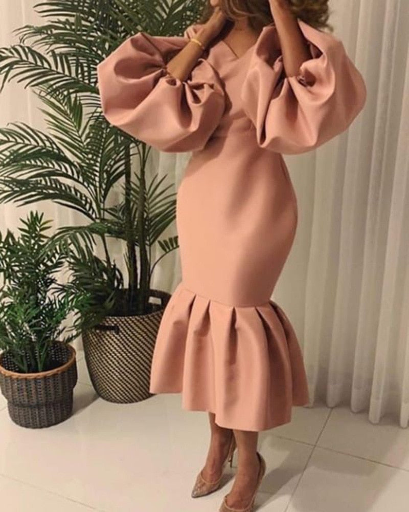 Sixsr Women Party Dress V Neck Long Puff Sleeves Bodycon Sexy Event Occasion African Female Fashion Autumn Spring Robes Vestidos New