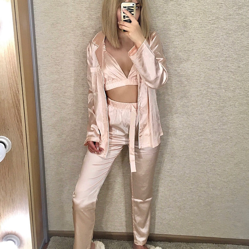 Sixsr Fashion Solid Color Satin Robe Set With Bra Sexy Pajamas Set Female Home Suit For Women Pajama Spring Long Sleeve Sleepwear