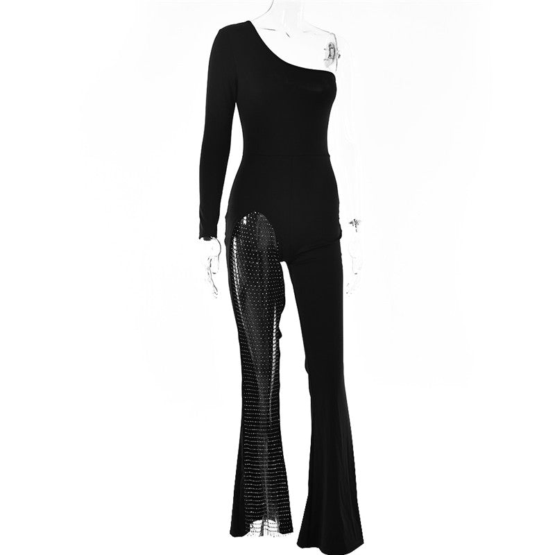 Patchwork Diamond Fishnet Bodycon Women Jumpsuit Black One Shoulder Long Sleeve Jumpsuit Lady Sexy Evening Party Clothes
