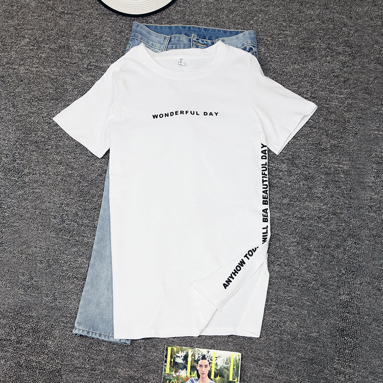 Sixsr Fashion Trends Plus size Wonderful Day Print Long T shirts Summer Women Loose Slit Femme Tops Cotton Tshirt Short sleeve Ladies t-shirt